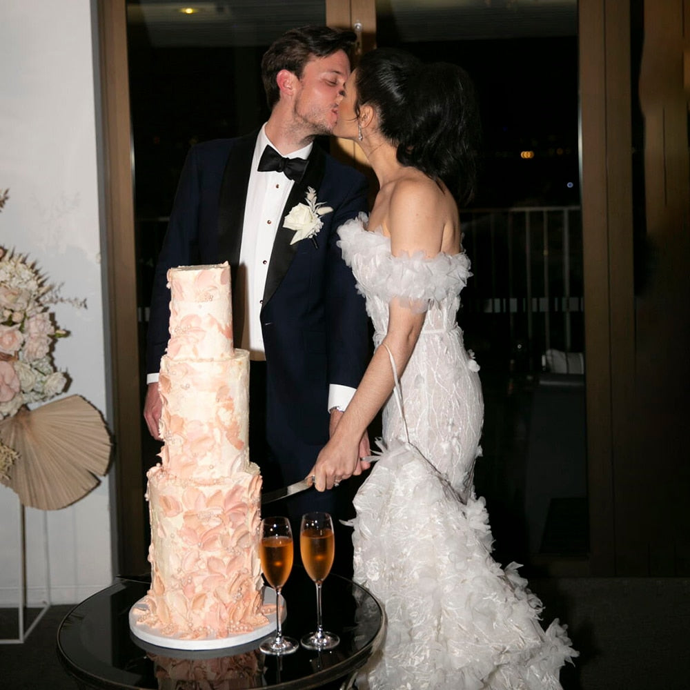 Luolandi Luxury Mermaid Off Shoulder Sequin 3D Flowers Long Puff Sleeve Wedding Dresses Beautiful