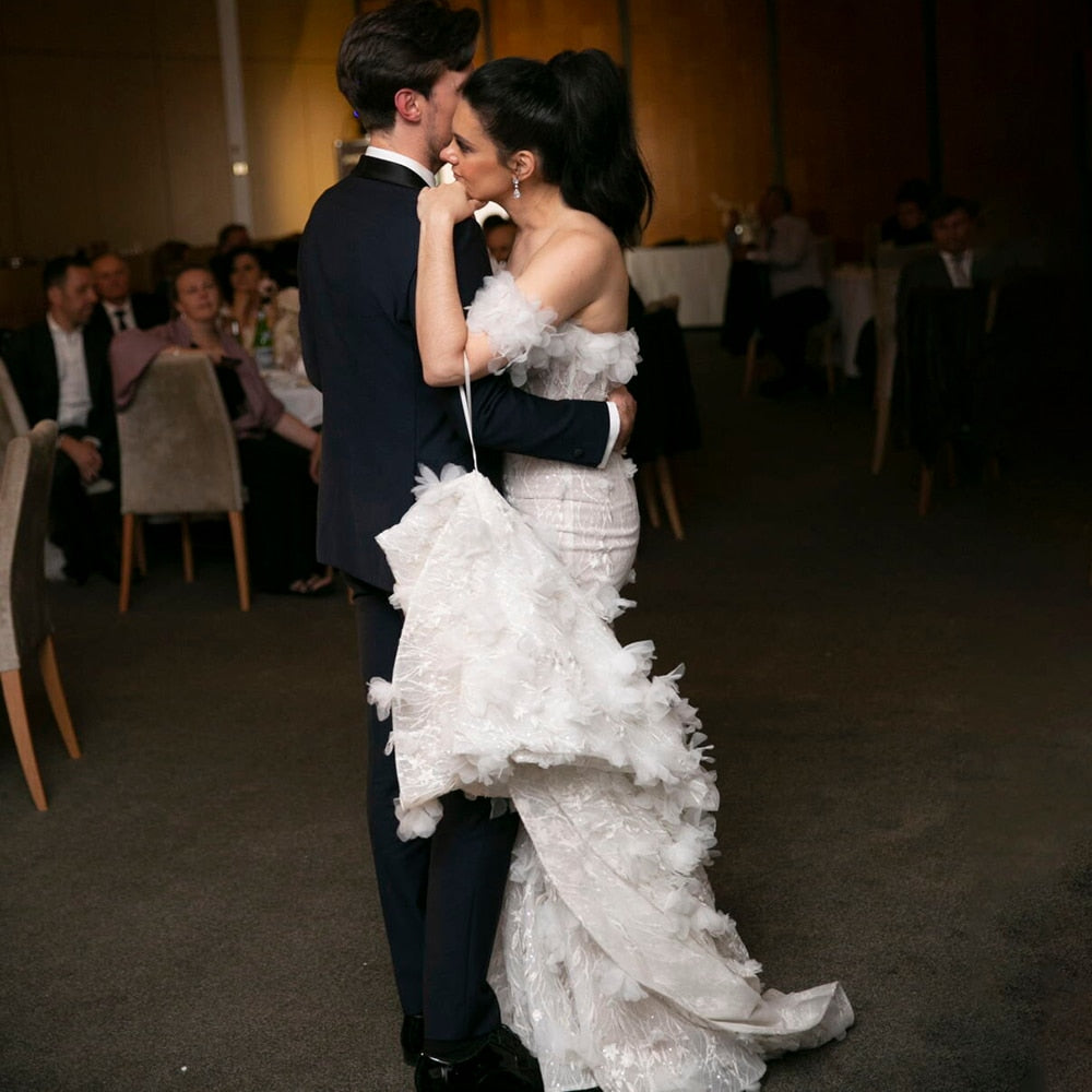 Luolandi Luxury Mermaid Off Shoulder Sequin 3D Flowers Long Puff Sleeve Wedding Dresses Beautiful