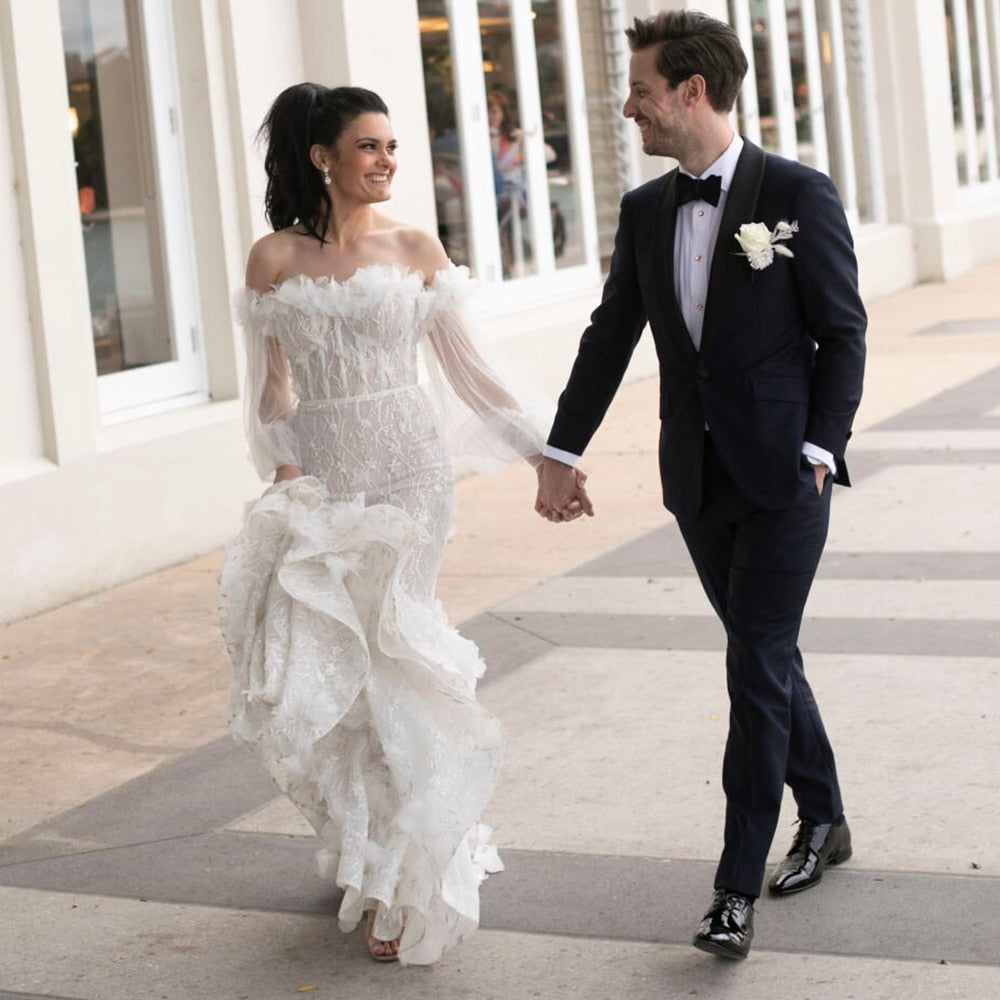 Luolandi Luxury Mermaid Off Shoulder Sequin 3D Flowers Long Puff Sleeve Wedding Dresses Beautiful