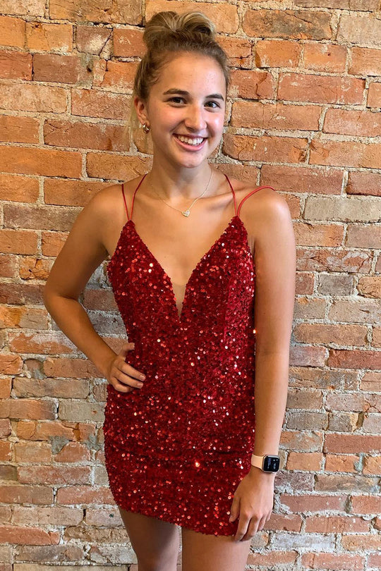 Luolandi Spaghetti Straps Sequin Bodycon Short/Mini Homecoming Cocktail Dresses Sparkly
