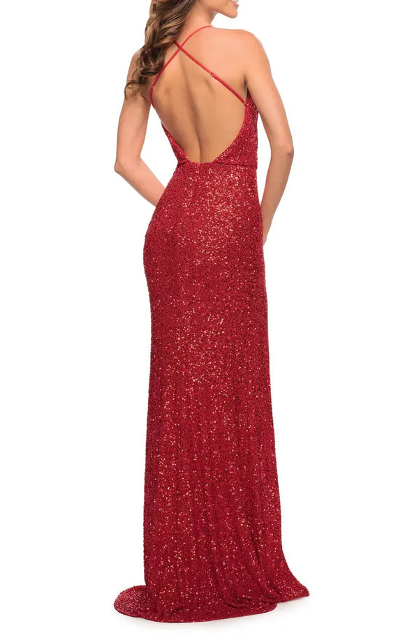 Luolandi Noble sequin strap sleeveless Prom Dress off shoulder and floor length front slit evening dress Sexy