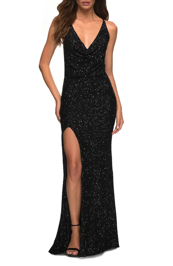 Luolandi Noble sequin strap sleeveless Prom Dress off shoulder and floor length front slit evening dress Sexy