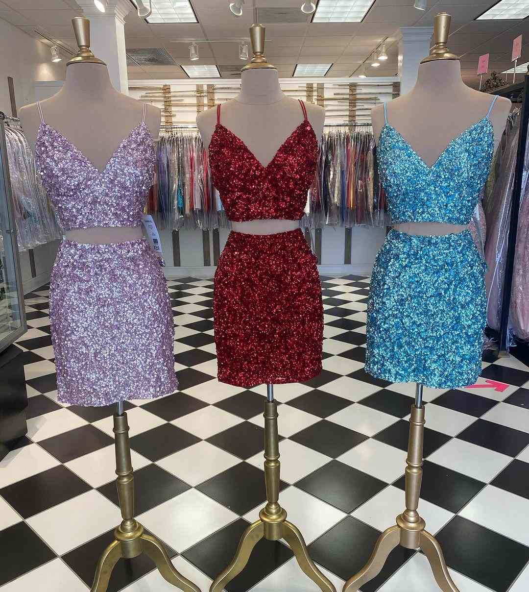 Luolandi Sequins Two Pieces Homecoming Dresses V-Neck Knee-Length Cocktail Dresses Sparkly
