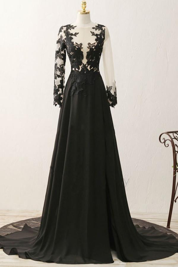 Luolandi Sexy Black Long Sleeve Lace Slit V-Neck Prom Dress Evening Dresses Beautiful