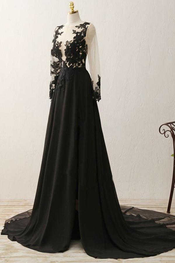 Luolandi Sexy Black Long Sleeve Lace Slit V-Neck Prom Dress Evening Dresses Beautiful
