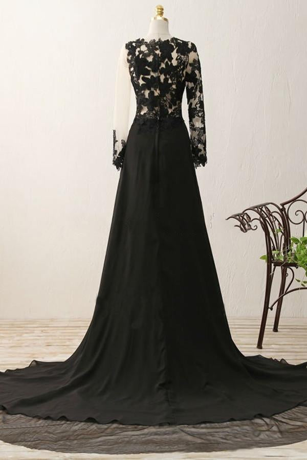 Luolandi Sexy Black Long Sleeve Lace Slit V-Neck Prom Dress Evening Dresses Beautiful