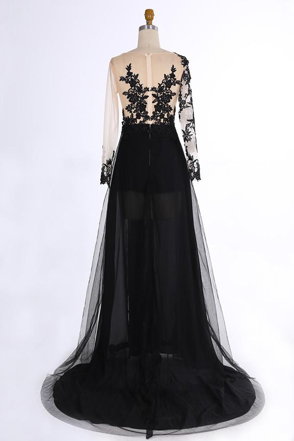 Luolandi Sexy Black Long Sleeve Lace Slit V-Neck Prom Dress Evening Dresses Beautiful