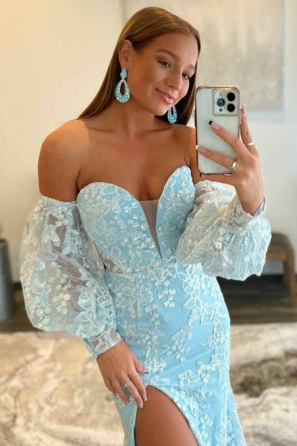 Luolandi Sexy Light Blue Mermaid Sweetheart Lace Strapless Long Puff Sleeve Prom Dresses Off Shoulder