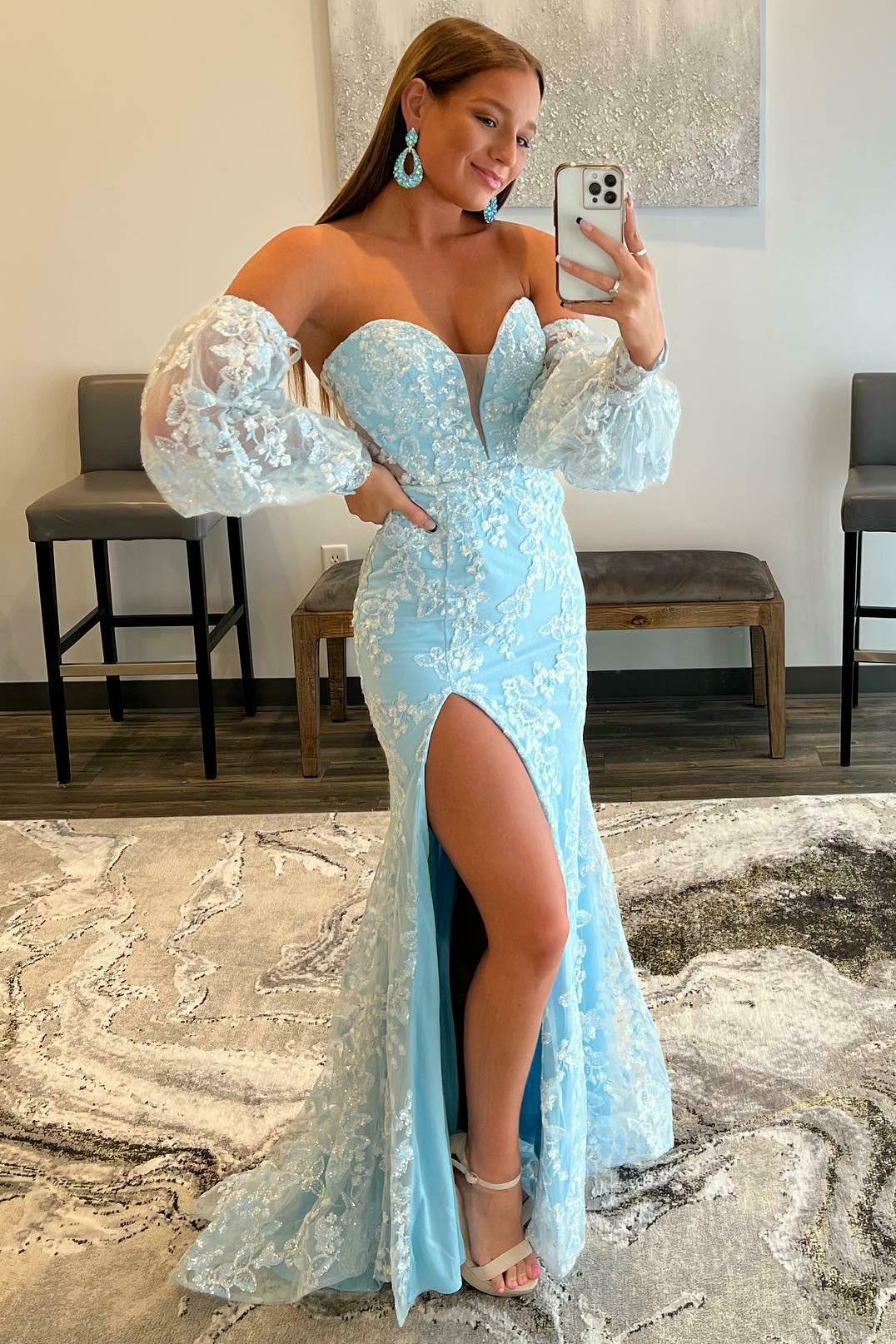 Luolandi Sexy Light Blue Mermaid Sweetheart Lace Strapless Long Puff Sleeve Prom Dresses Off Shoulder