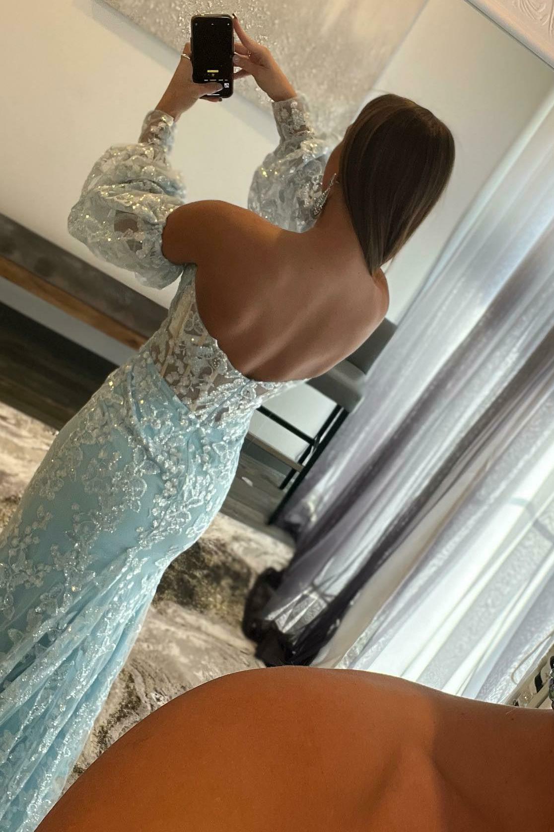 Luolandi Sexy Light Blue Mermaid Sweetheart Lace Strapless Long Puff Sleeve Prom Dresses Off Shoulder