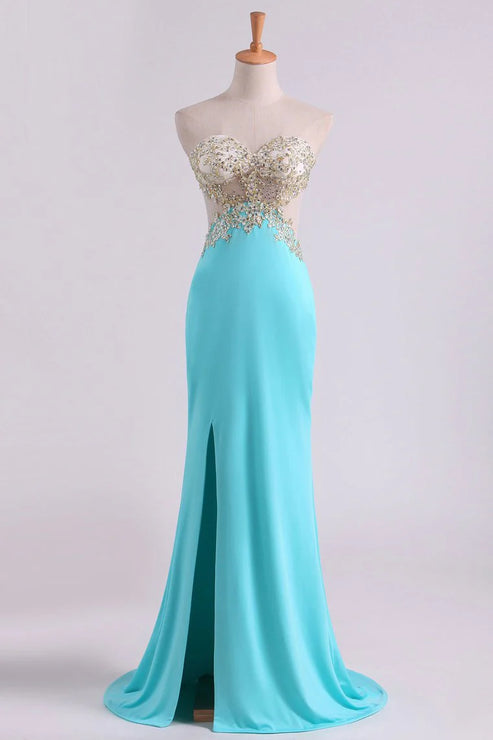 Luolandi Party Dresses Sheath With Slit And Applique Sweep Train Spandex Sexy Evening Dress