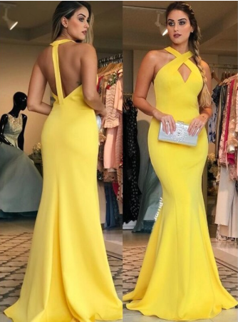 Luolandi Sexy Sheath Halter Floor Length Ruffles Satin Prom Dresses Yellow Long Formal Dresses Evening Party Dresses