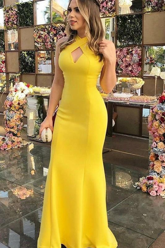 Luolandi Sexy Sheath Halter Floor Length Ruffles Satin Prom Dresses Yellow Long Formal Dresses Evening Party Dresses