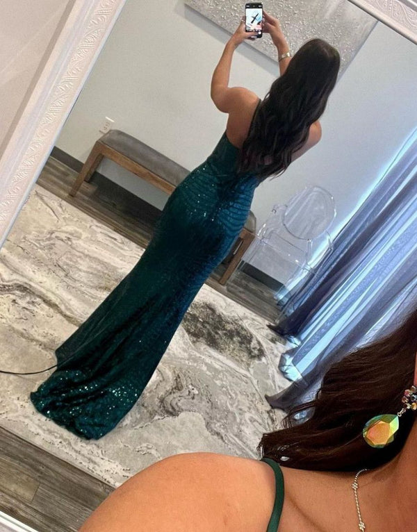 Luolandi Mermaid Spaghetti Straps Sequin Prom Dress Sparkly Evening Dress Peacock