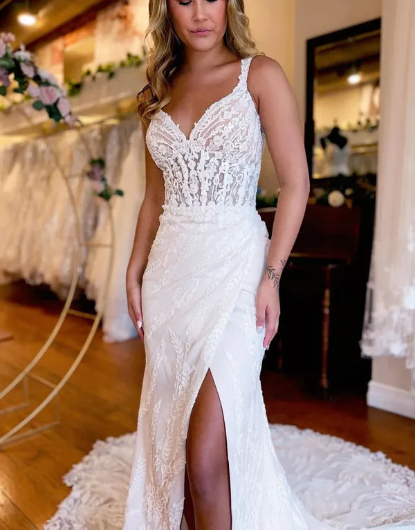 Luolandi Sexy Mermaid Straps Court Train Lace Wedding Dress With Split Beautiful