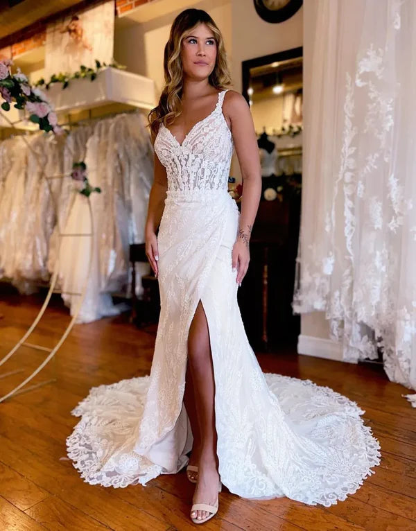 Luolandi Sexy Mermaid Straps Court Train Lace Wedding Dress With Split Beautiful