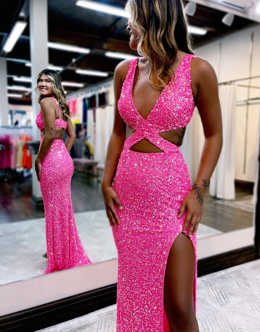 Luolandi Hot Pink Long Slit Prom Dress Floor Length Sexy Sparkly