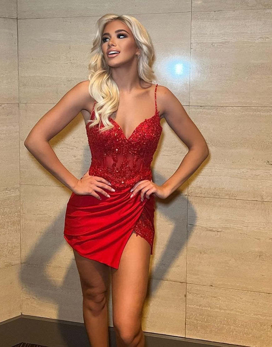 Luolandi Sexy Red Spaghetti Straps Red Glitter Short Homecoming Dress with Split