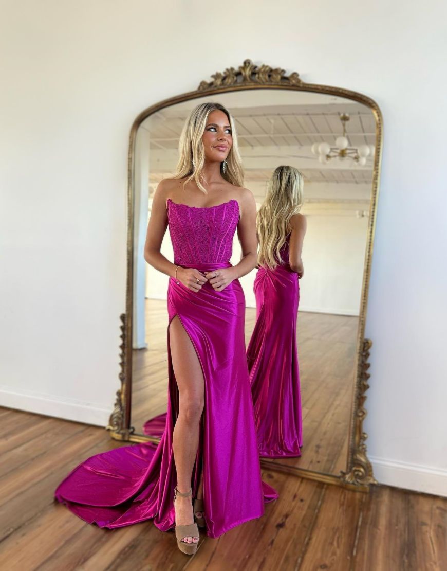 Luolandi Sexy Red Strapless Long Prom Dress With Split Off Shoulder Evening Dress