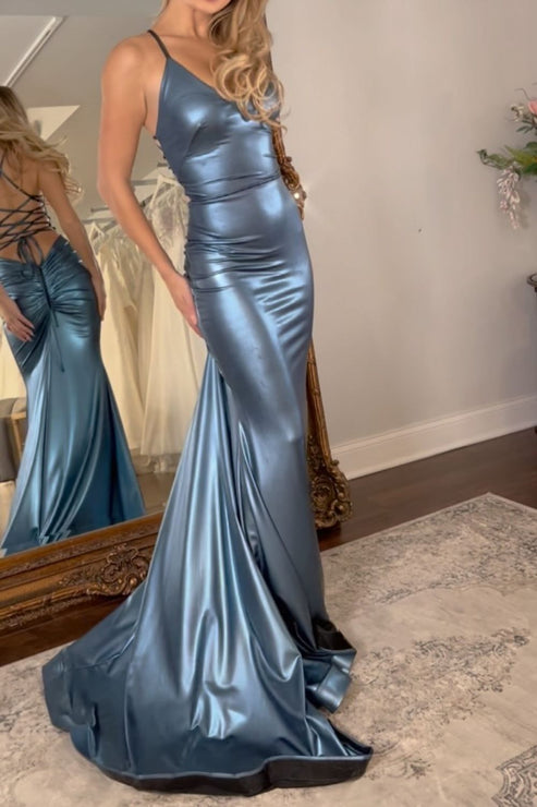 Luolandi Sexy Steel Grey Mermaid Lace Up Back Long Prom Party Dress Evening Dress