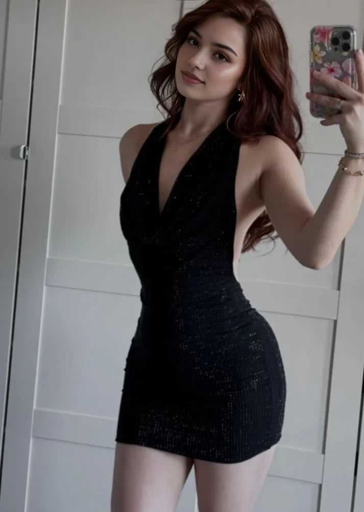 Luolandi Sexy Black Halter V Neck Sheath Sleeveless Short Homecoming Dress Fashion Mini Summer Party Dress