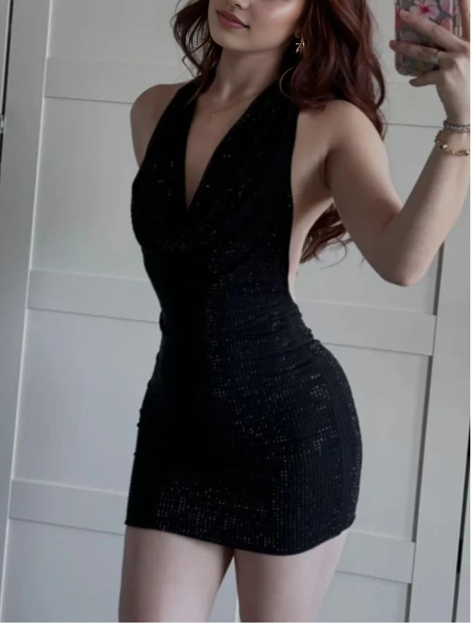 Luolandi Sexy Black Halter V Neck Sheath Sleeveless Short Homecoming Dress Fashion Mini Summer Party Dress