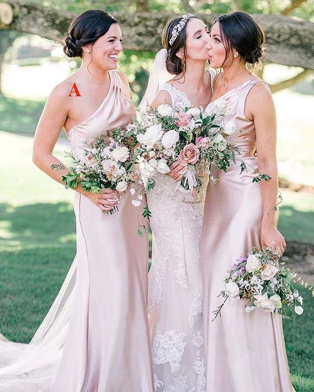 Luolandi Sheath One Shoulder Silk Satin Sleeveless Long Bridesmaid Dress Elegant Evening Party Dress