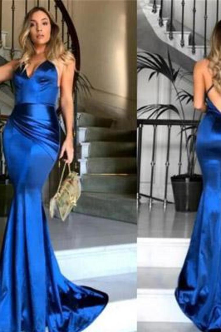 Luolandi Sheath Royal Blue V Neck Long Open Back Sexy Prom Dresses Evening Party Dresses