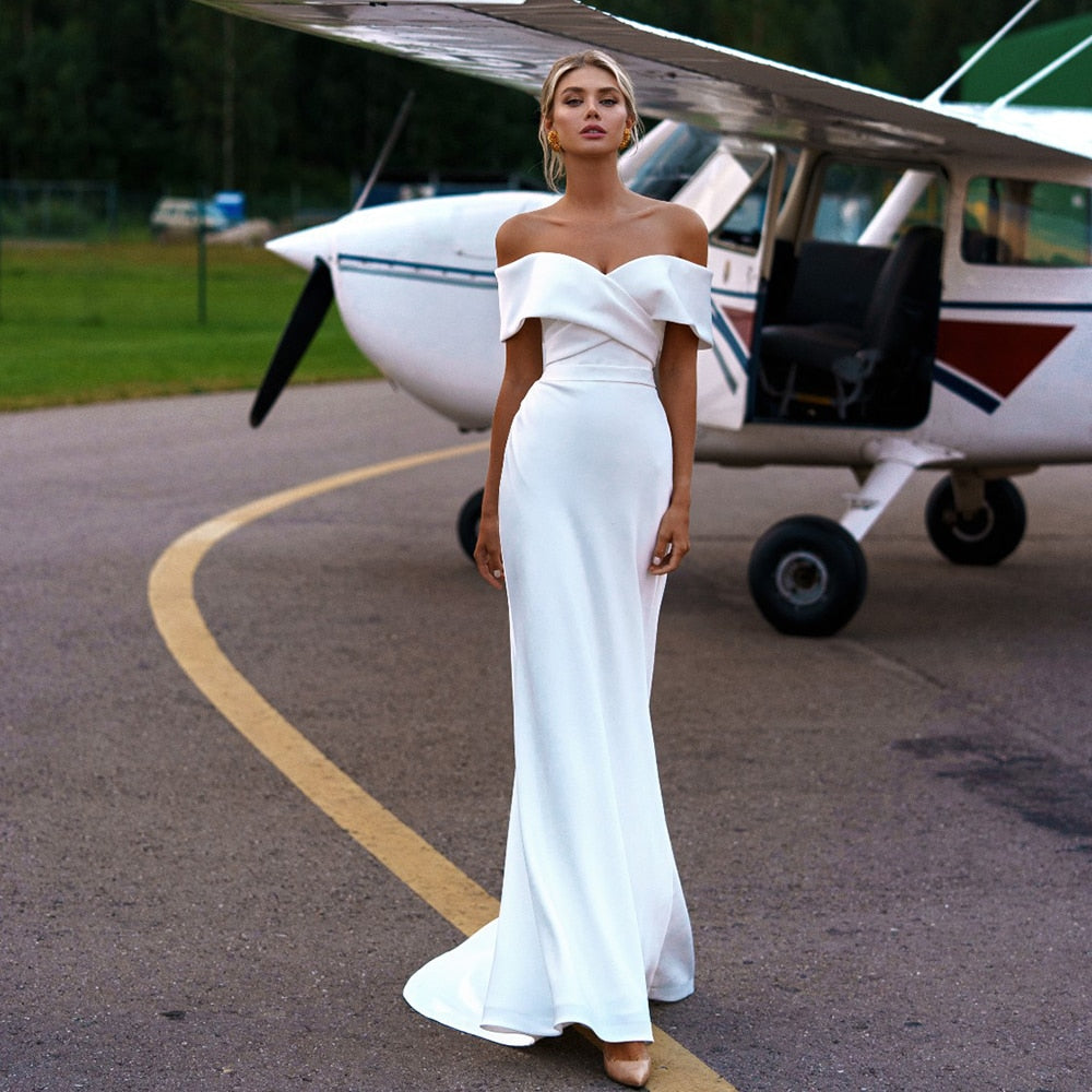 Luolandi Simple Off the Shoulder Satin Sheath Ruched Wedding Dress With Detachable Overskirt Sexy