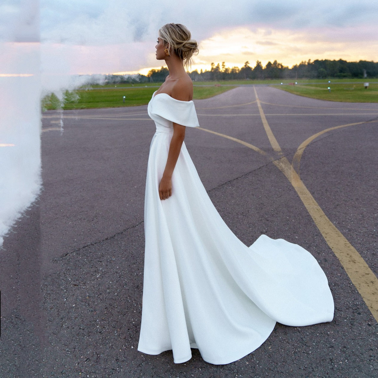 Luolandi Simple Off the Shoulder Satin Sheath Ruched Wedding Dress With Detachable Overskirt Sexy