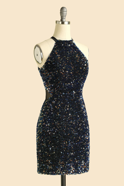 Luolandi Sexy Sheath Sequin High Neck Homecoming Dresses Short Sparkly