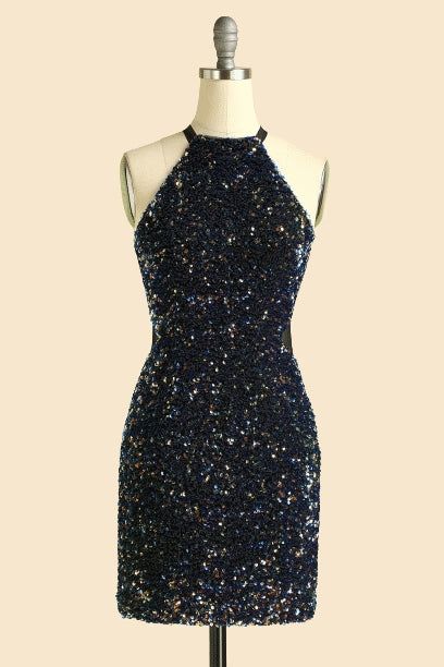 Luolandi Sexy Sheath Sequin High Neck Homecoming Dresses Short Sparkly