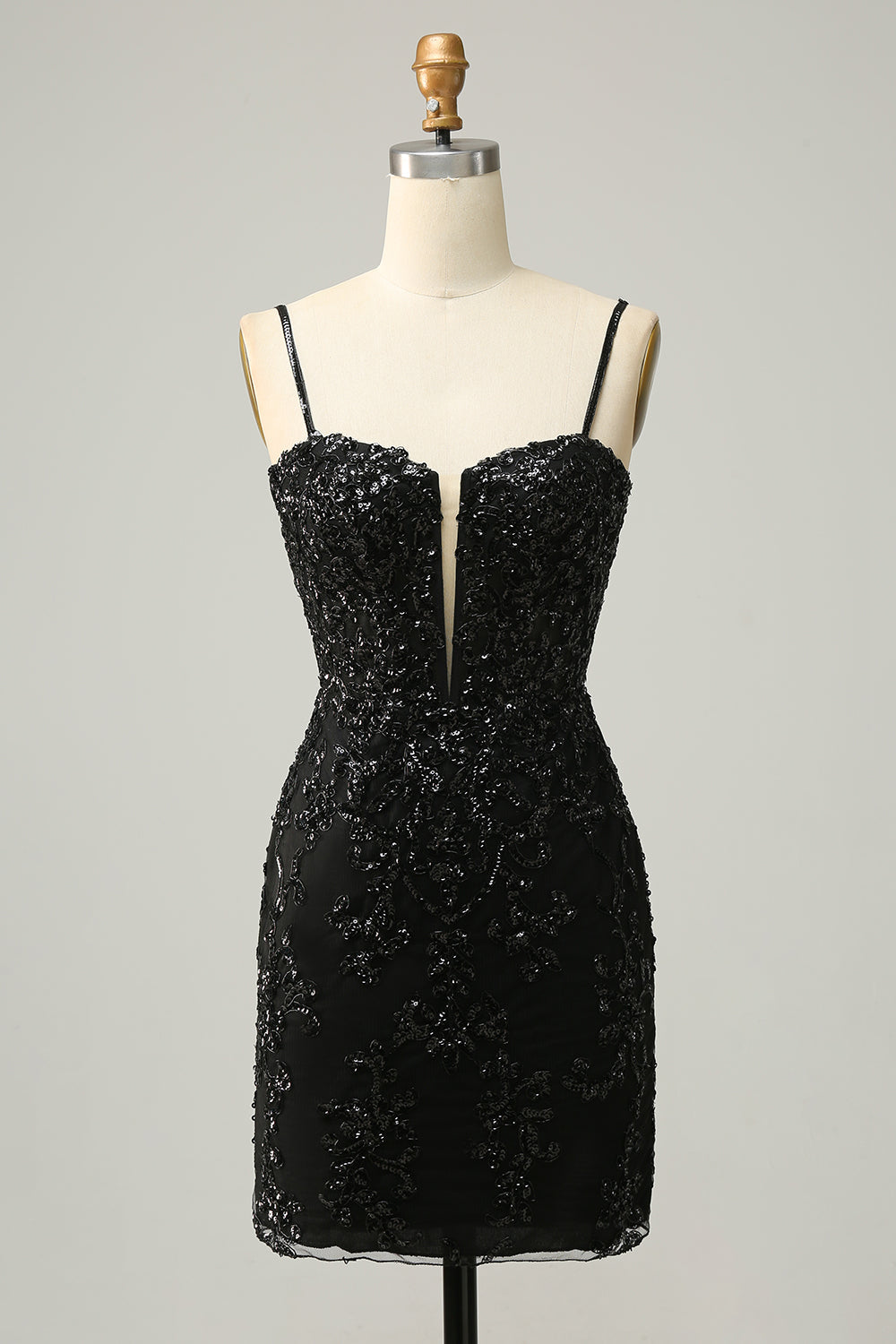 Luolandi Spaghetti Straps Sheath Sequin With Lace Homecoming Cocktail Dresses Black