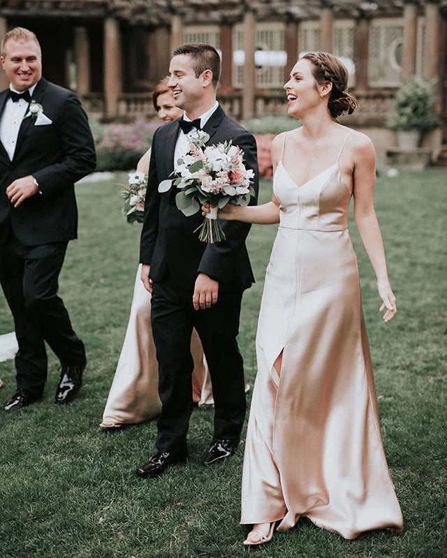 Luolandi Sheath Spaghetti Straps Silk Satin Sleeveless Slit Long Bridesmaid Dress Elegant Evening Party Dress