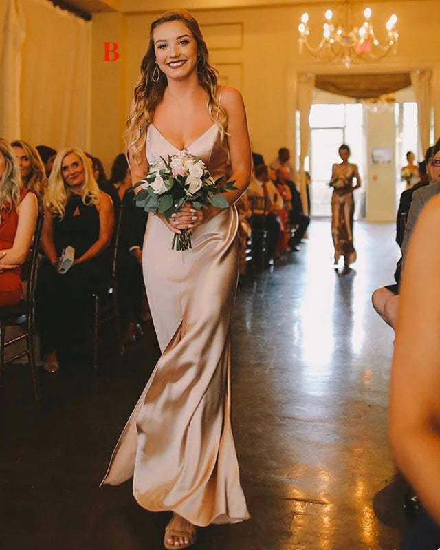 Luolandi Sheath Spaghetti Straps Silk Satin Sleeveless Slit Long Bridesmaid Dress Elegant Evening Party Dress