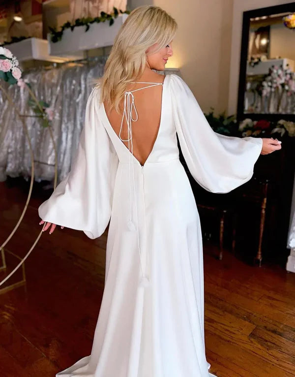 Luolandi Sheath V-Neck Satin Long Sleeves Boho Wedding Dress With Split Sexy