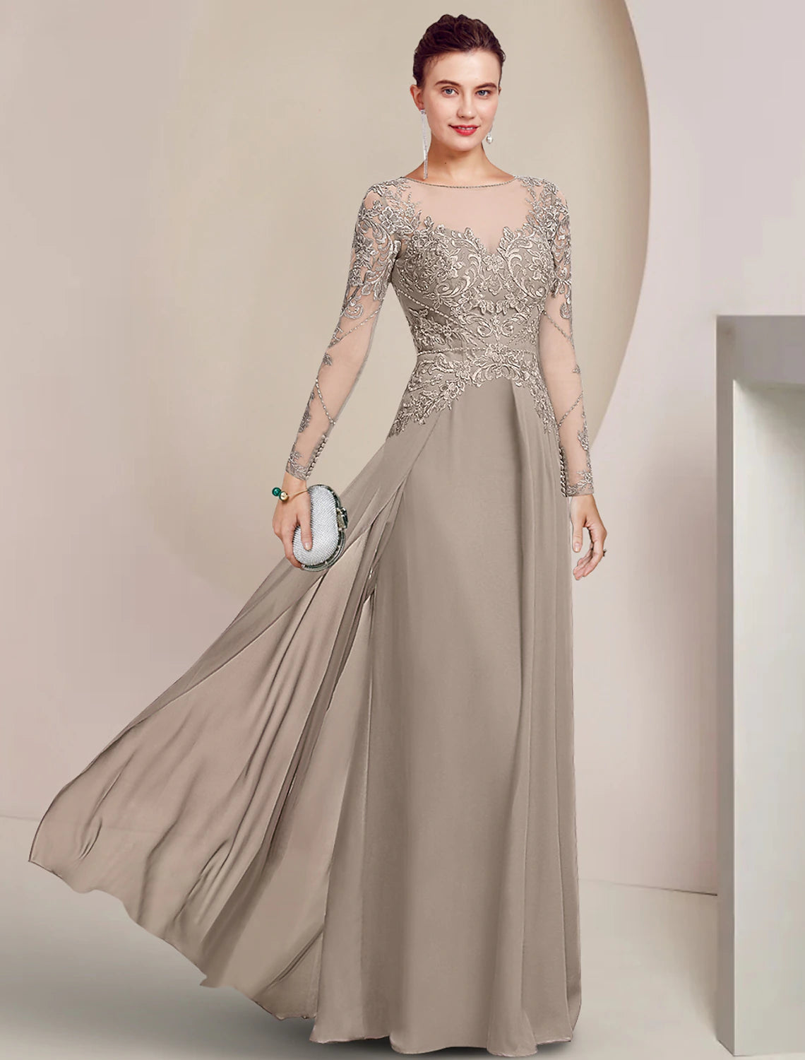 Luolandi Sheath / Column Mother of the Bride Dress Formal Wedding Guest Elegant Scoop Neck Floor Length Chiffon Lace Long Sleeve with Appliques