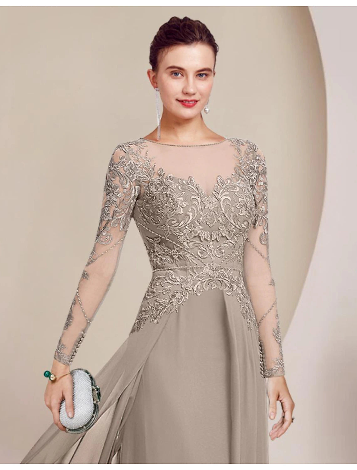 Luolandi Sheath / Column Mother of the Bride Dress Formal Wedding Guest Elegant Scoop Neck Floor Length Chiffon Lace Long Sleeve with Appliques