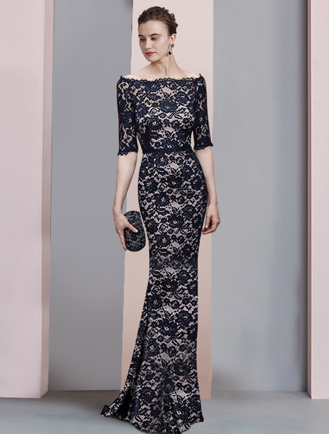 Luolandi Sheath / Column Mother of the Bride Dress Formal Wedding Guest Vintage Elegant Off Shoulder Floor Length Lace 3/4 Length Sleeve with Sash