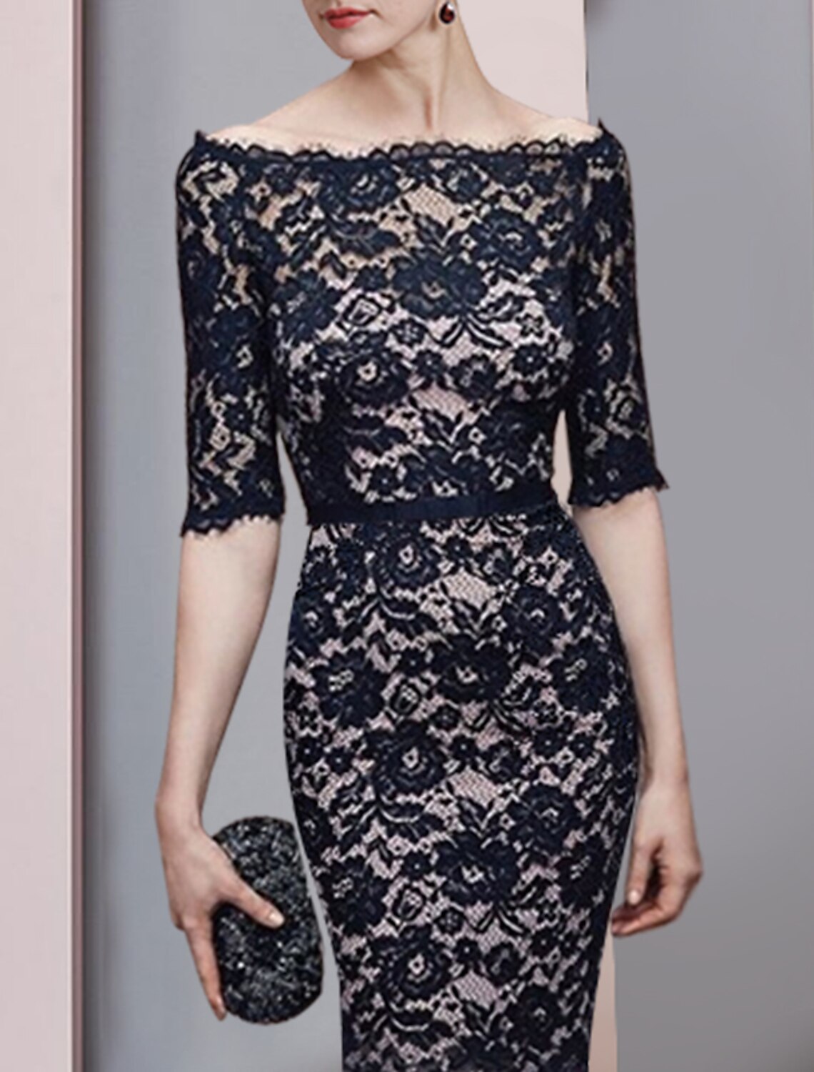 Luolandi Sheath / Column Mother of the Bride Dress Formal Wedding Guest Vintage Elegant Off Shoulder Floor Length Lace 3/4 Length Sleeve with Sash