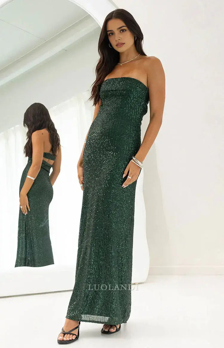 Luolandi Sheath Strapless Sleeveless Sequin Long Formal Prom Dress Sparkly Party Evening Gown Charming Graduation Dress