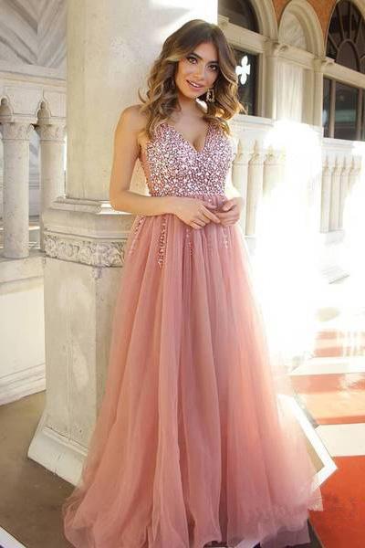 Luolandi Shiny A Line Dusty Rose Long Tulle Split Prom Dresses Sequins Bodice V Neck Formal Dress Sexy