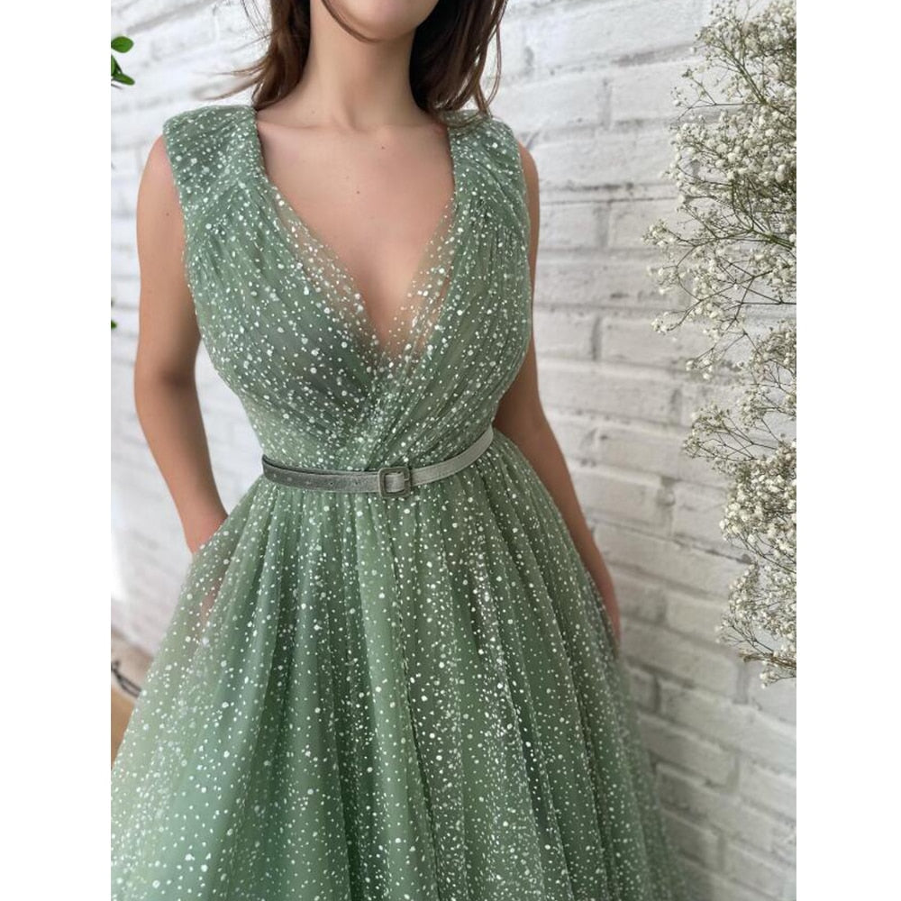 Luolandi Shiny A Line V Neck Tulle Pleats Prom Dresses Sexy Evening Dresses