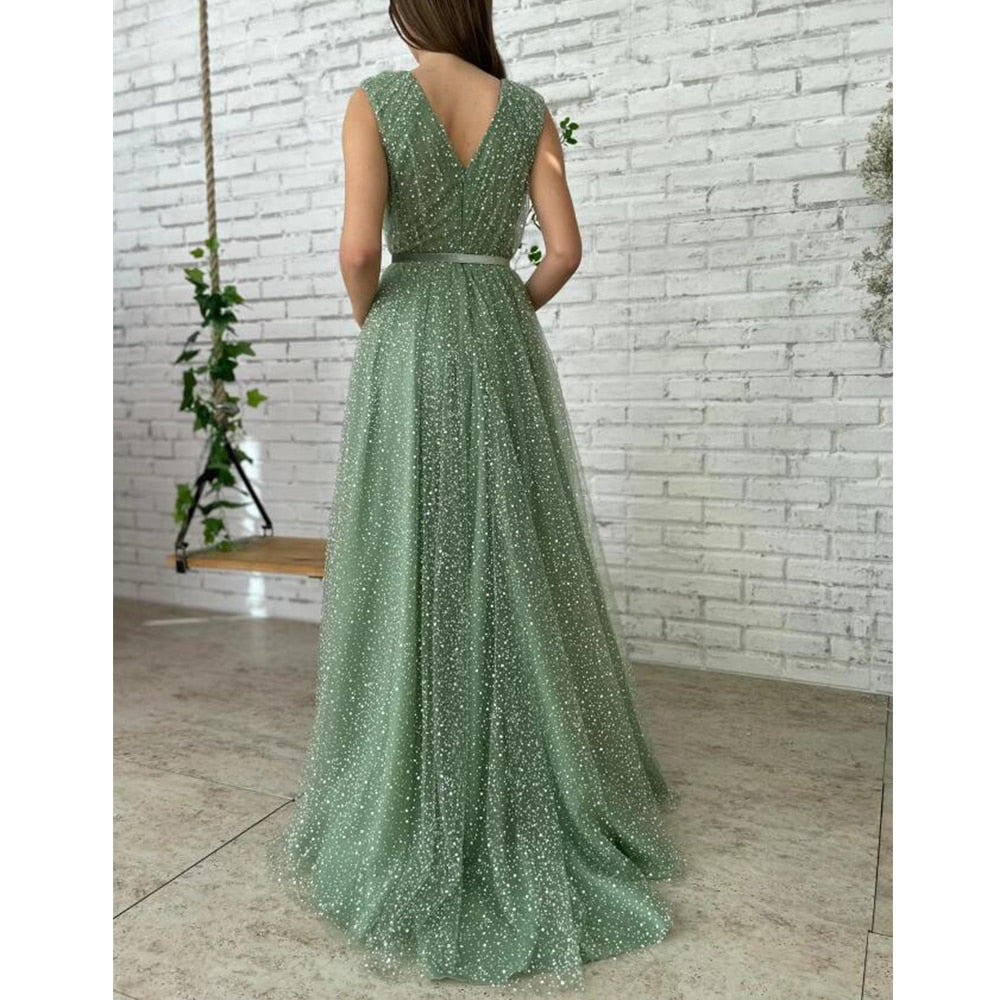 Luolandi Shiny A Line V Neck Tulle Pleats Prom Dresses Sexy Evening Dresses