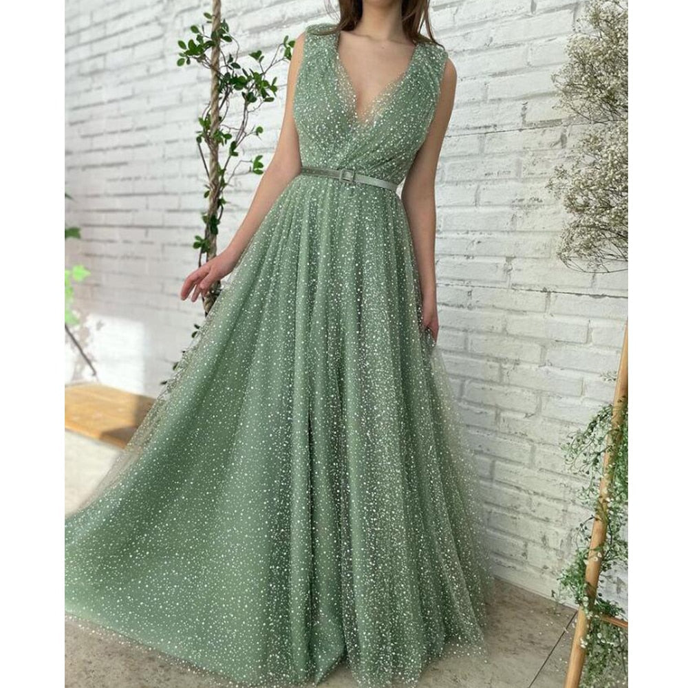 Luolandi Shiny A Line V Neck Tulle Pleats Prom Dresses Sexy Evening Dresses