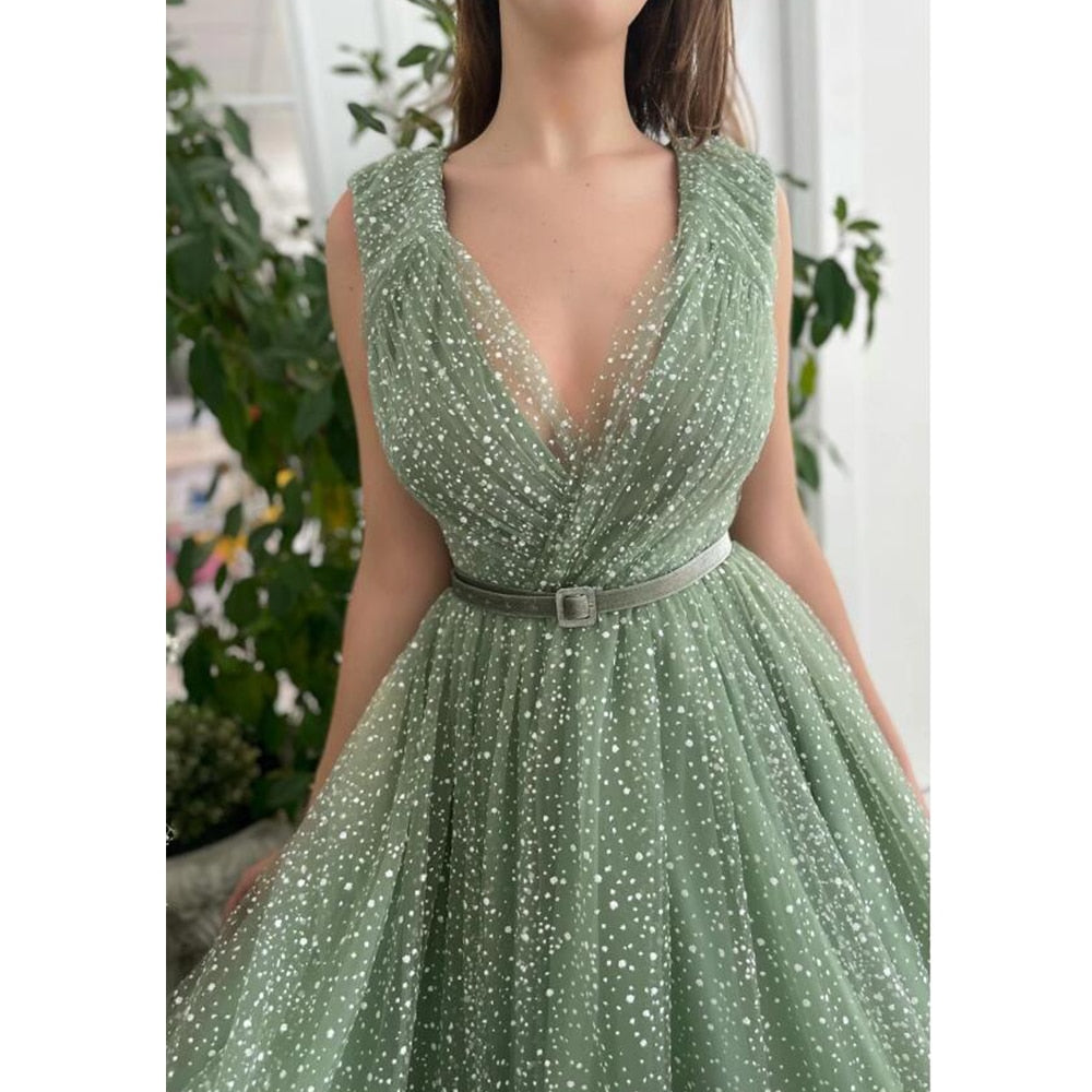 Luolandi Shiny A Line V Neck Tulle Pleats Prom Dresses Sexy Evening Dresses