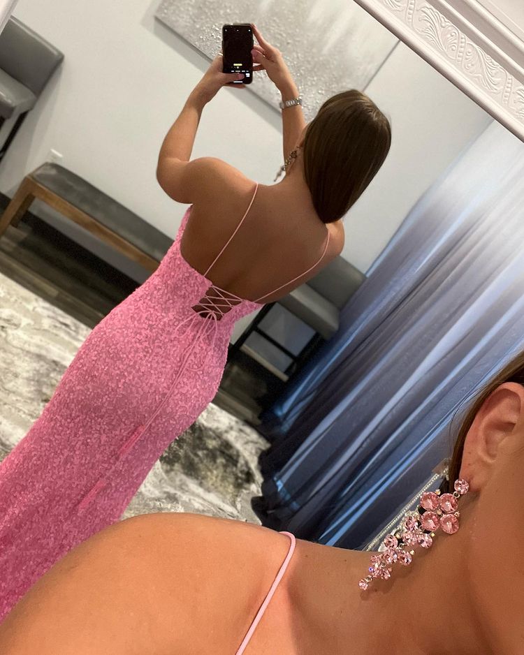 Luolandi Shiny Mermaid V Neck Spaghetti Straps Pink Long Detachable Prom Dresses With Slit Sexy