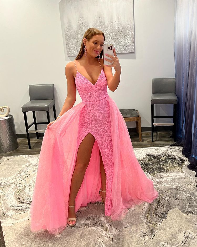 Luolandi Shiny Mermaid V Neck Spaghetti Straps Pink Long Detachable Prom Dresses With Slit Sexy