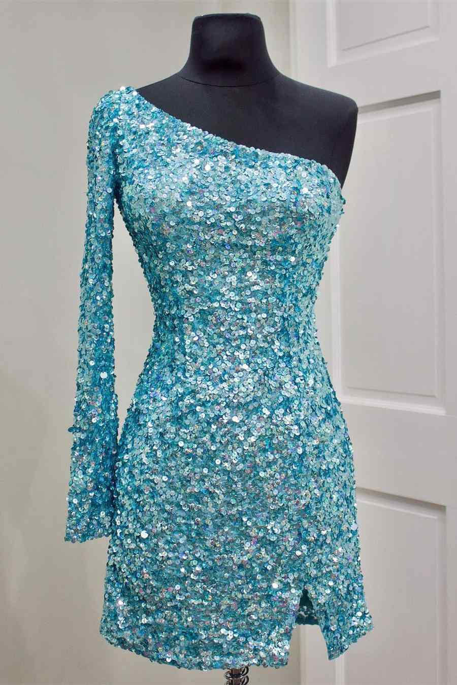 Luolandi Shiny One Shoulder Sequin Homecoming Dresses With Long Sleeve Short Dress