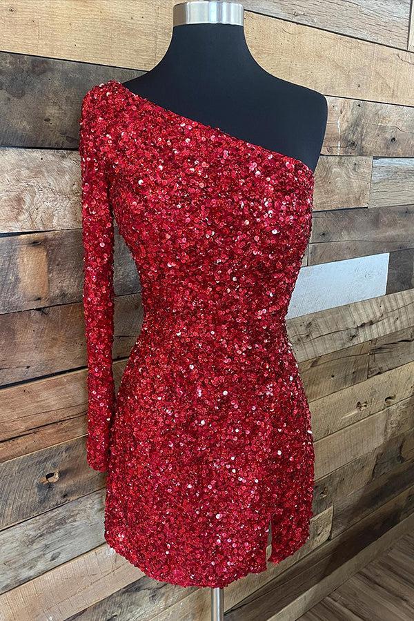 Luolandi Shiny One Shoulder Sequin Homecoming Dresses With Long Sleeve Short Dress